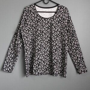 2/$13 Kim Rogers Women's Crew Neck Long Sleeve Top Black & White Floral - L
